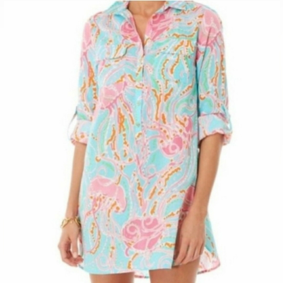 Lilly Pulitzer Shirt Womens Small Pink Cotton Coral Print Longline Tunic - Picture 2 of 7